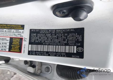 2016 Toyota Camry Se из США, поврежденный, VIN 4T1BF1FK4GU192379